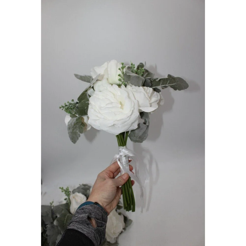 Wedding Artificial Flower Bouquet Lot of 3 Bridesmaid Bridal Flower Girl WHITE